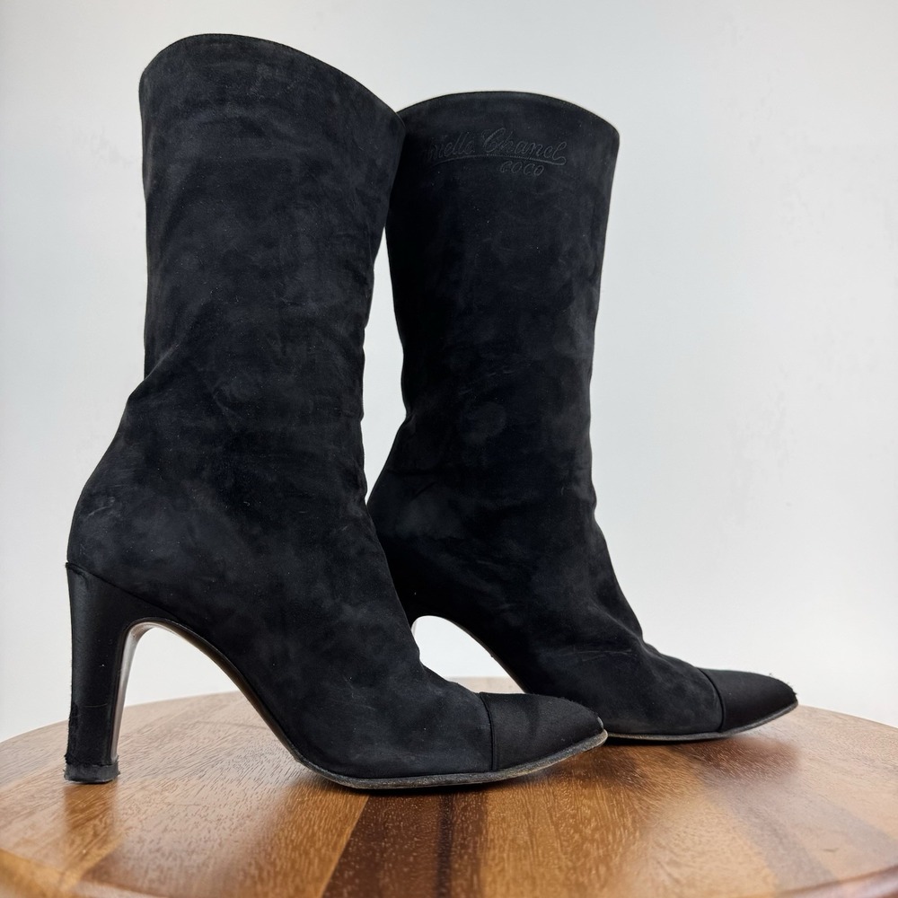 Womens‎ Chanel Black Calfskin Suede Satin Gabrielle Heeled Mid Boots Size EU 36